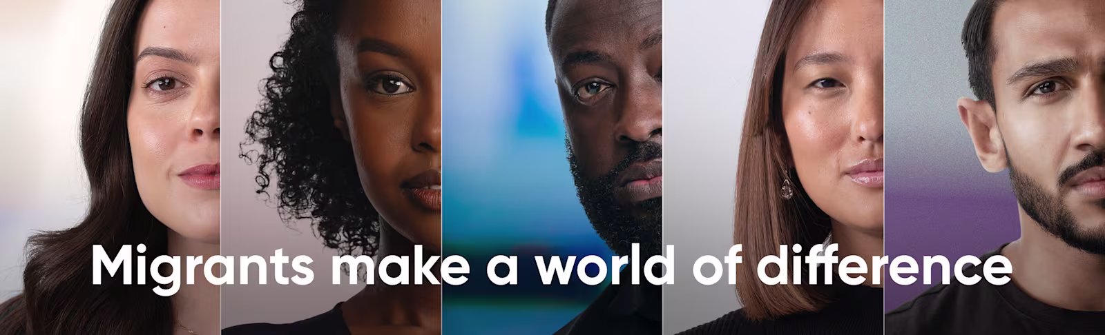 A banner displaying half the face of 5 different people with the text Migrants make a world of difference