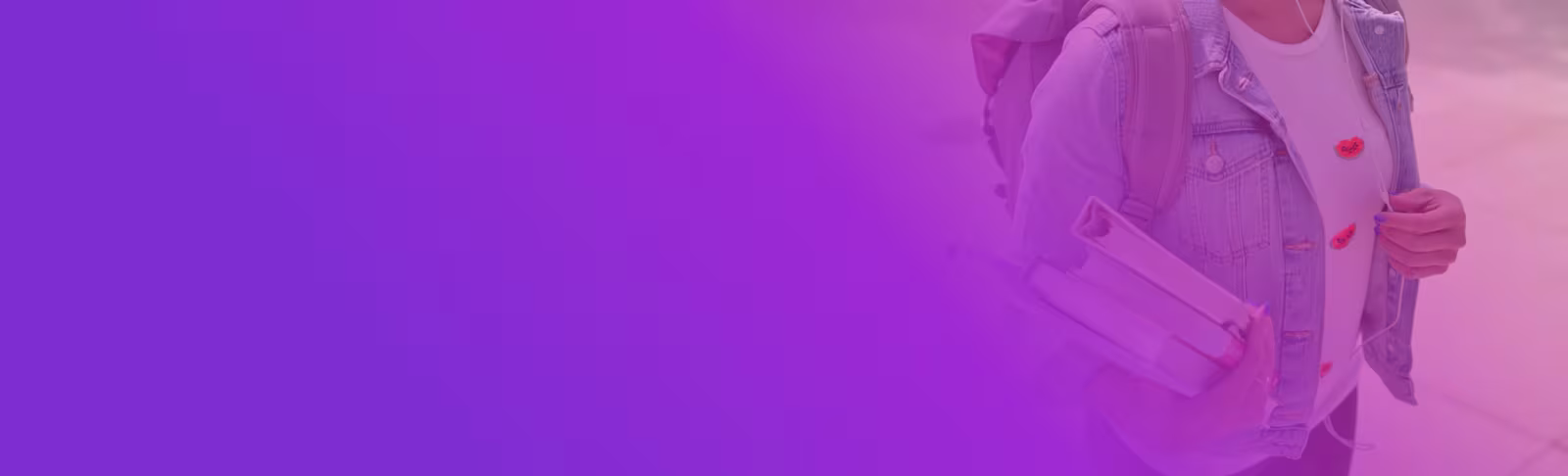 A student wearing a backpack and holding a few books 