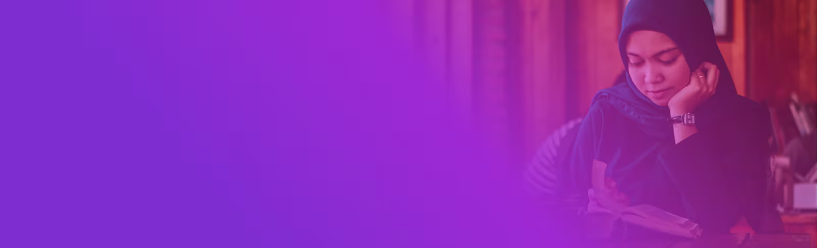 A purple banner with a female sat at a table and looking down at a receipt