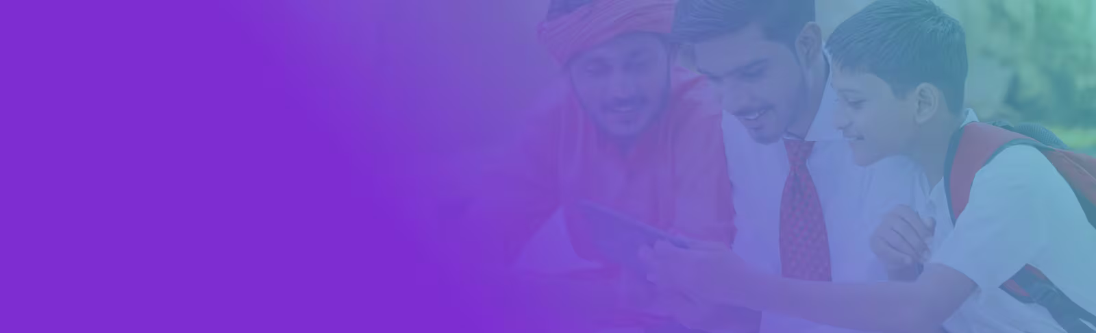 global-money-banner A purple banner, with a gradient going into a picture of three people