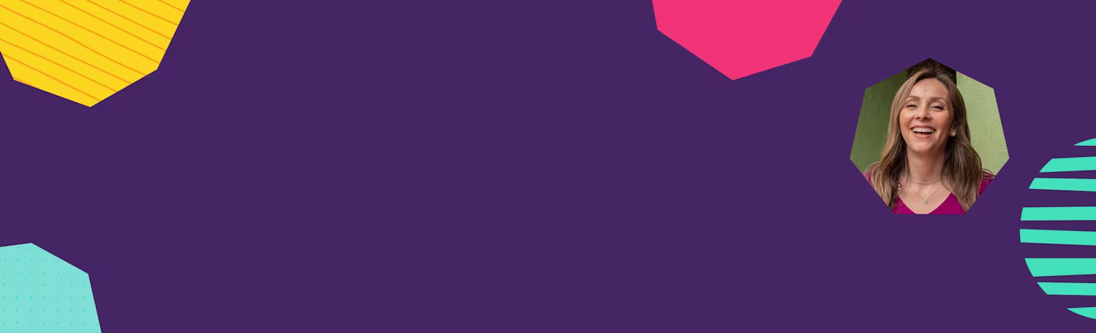 Purple header with young woman laughing in hexagon shape