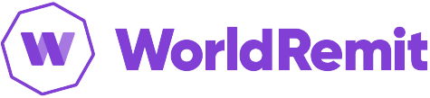 WorldRemit's logo in Purple which consists of an outline of an Octagon shape with the letter W in the centre. It also has WorldRemit written on the right hand side of it.