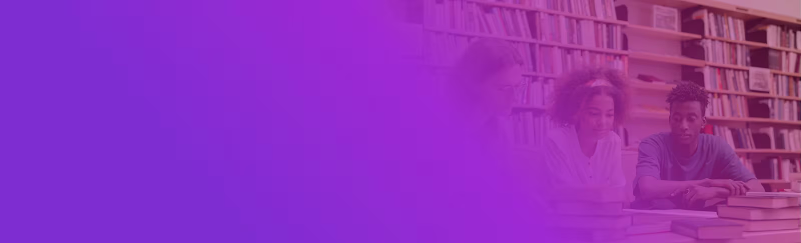 An image showing students working in a library with a purple tint over the image