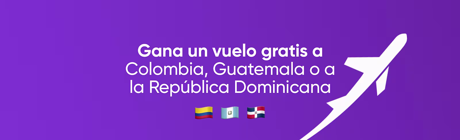 A purple background showing a white icon of a plane taking off and the country flags for Colombia, Guatemala and Dominican Republic