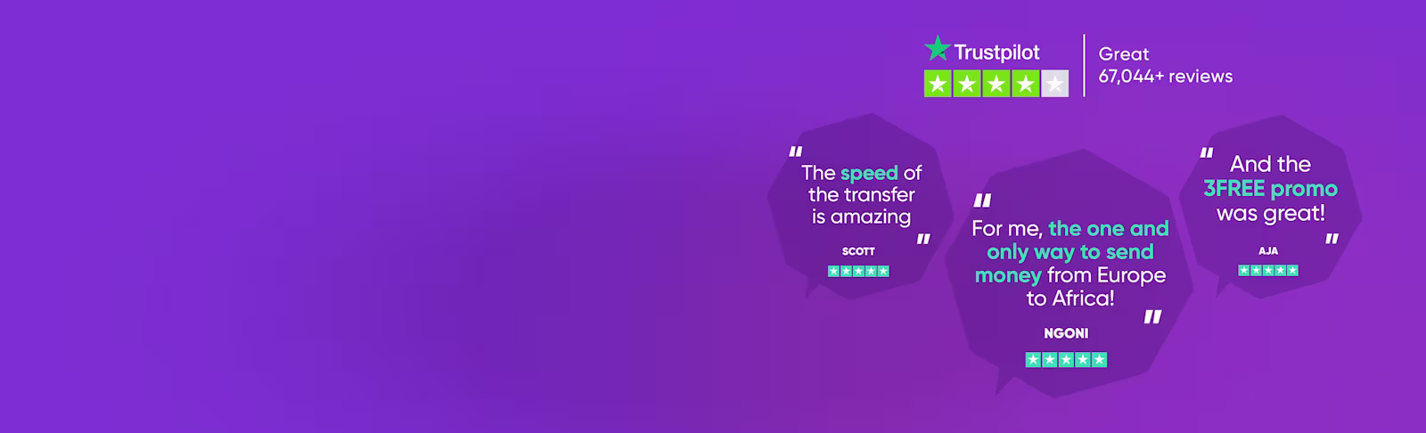 A purple banner showing WorldRemit's TrustPilot rating alongside three customer reviews