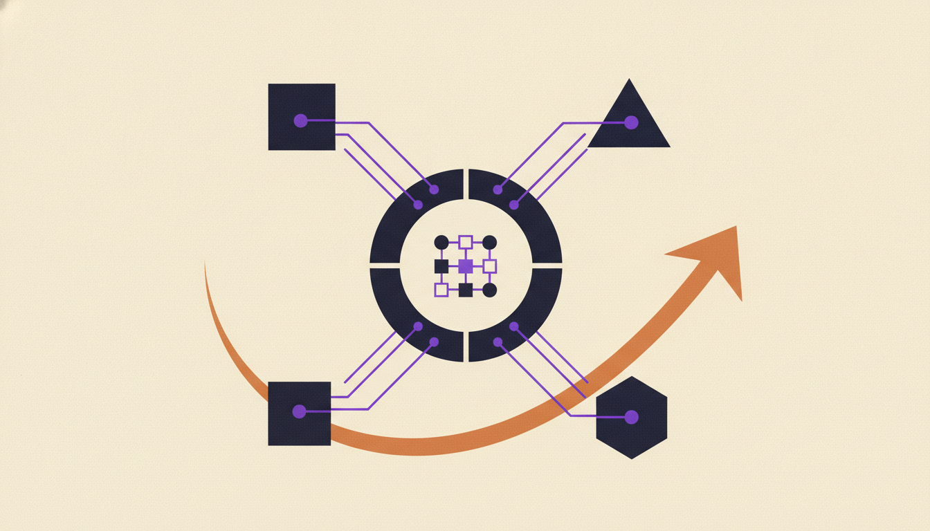 Abstract diagram of one hub connecting to many functions, illustrating AI agent examples across a business