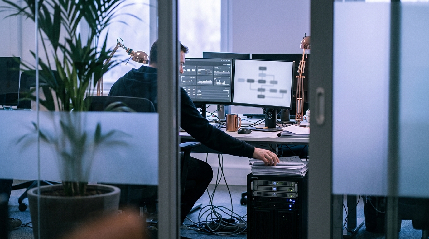 View through a glass office partition of a specialist at two monitors, one showing a workflow diagram