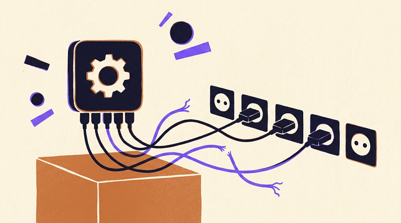 An AI automation app icon with cables to five sockets, two cables cut and dangling