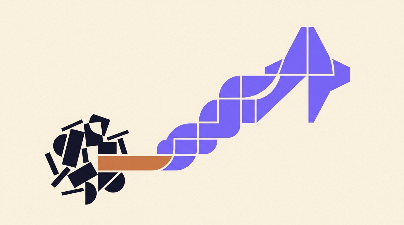 Abstract geometric illustration of an AI marketing agent moving campaign data between tools