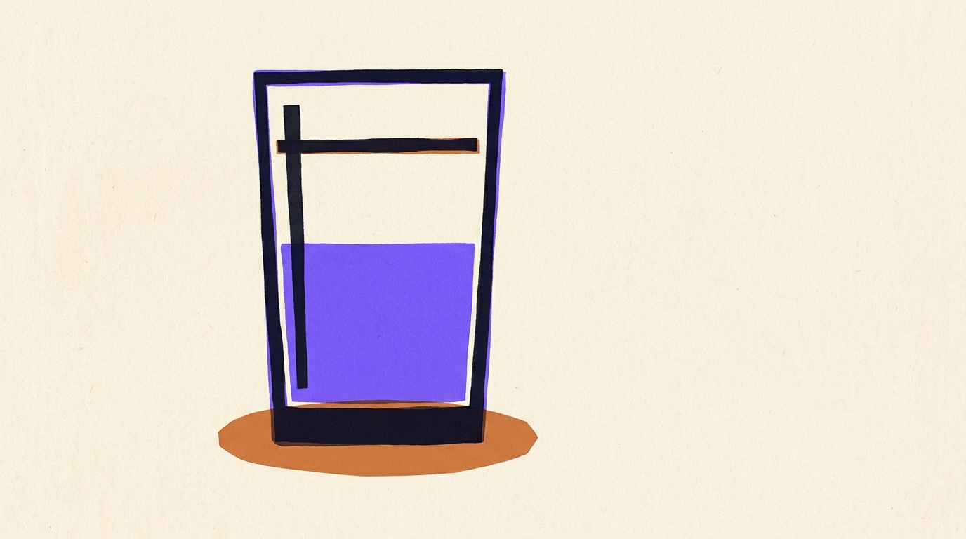 Illustration of a glass partly filled with violet liquid, well below a line marked near the brim