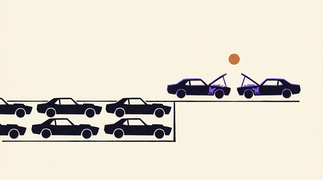 Illustration of a row of parked cars with two more further along, stalled with their hoods up