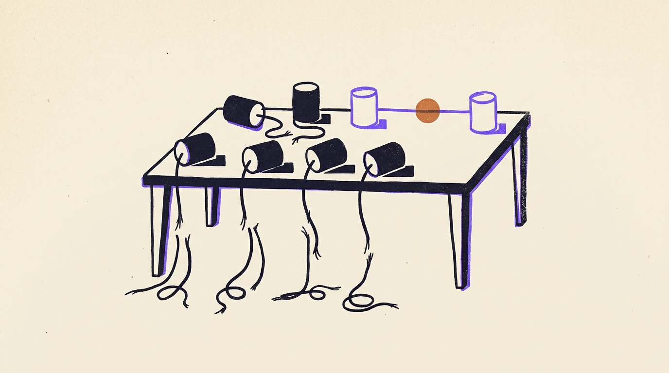 Illustration of tin-can telephones on a table, most strings cut and one pair still connected