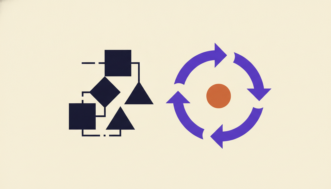 Geometric illustration of a document passing between two disconnected business systems