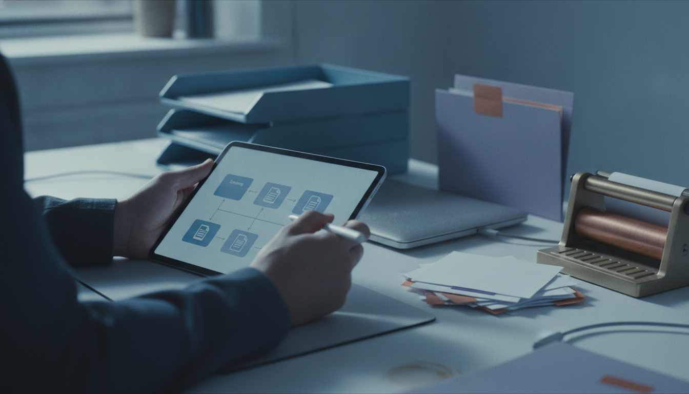 Document workflow automation illustrated as paperwork moving through review queues