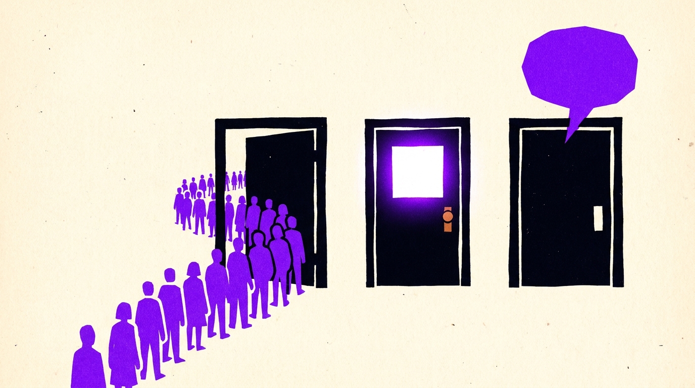 Illustration of three doors in a row: one with a long queue, one with a single lit window, one with a speech bubble above it