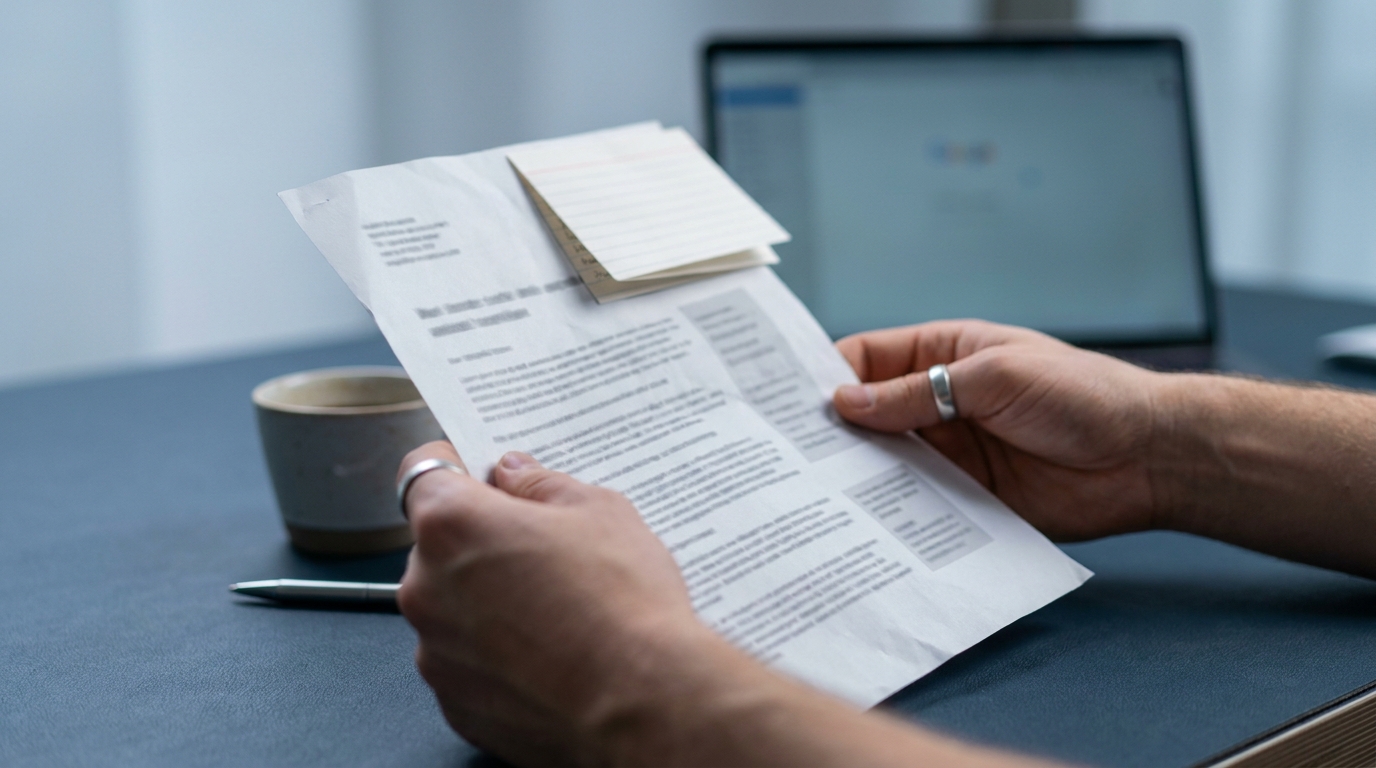 Marketer's hands holding a printed search results page with a folded summary card over the first listing