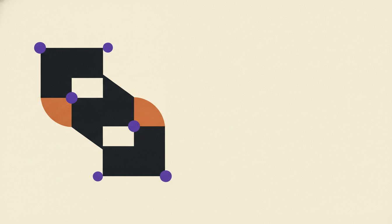 Flat geometric illustration of a low-code workflow canvas with drifting connector lines