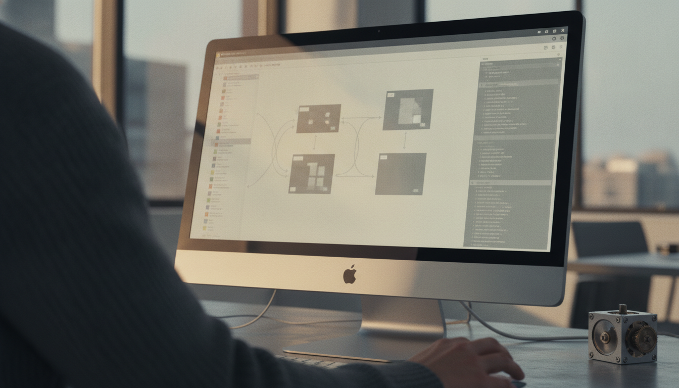 Person at a desktop monitor reviewing a node-based workflow used to make automation