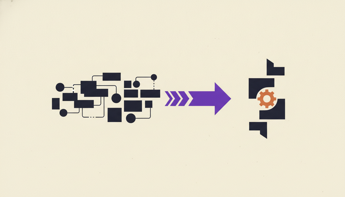 Abstract geometric illustration of a self-hosted automation node graph handed off to a managed service