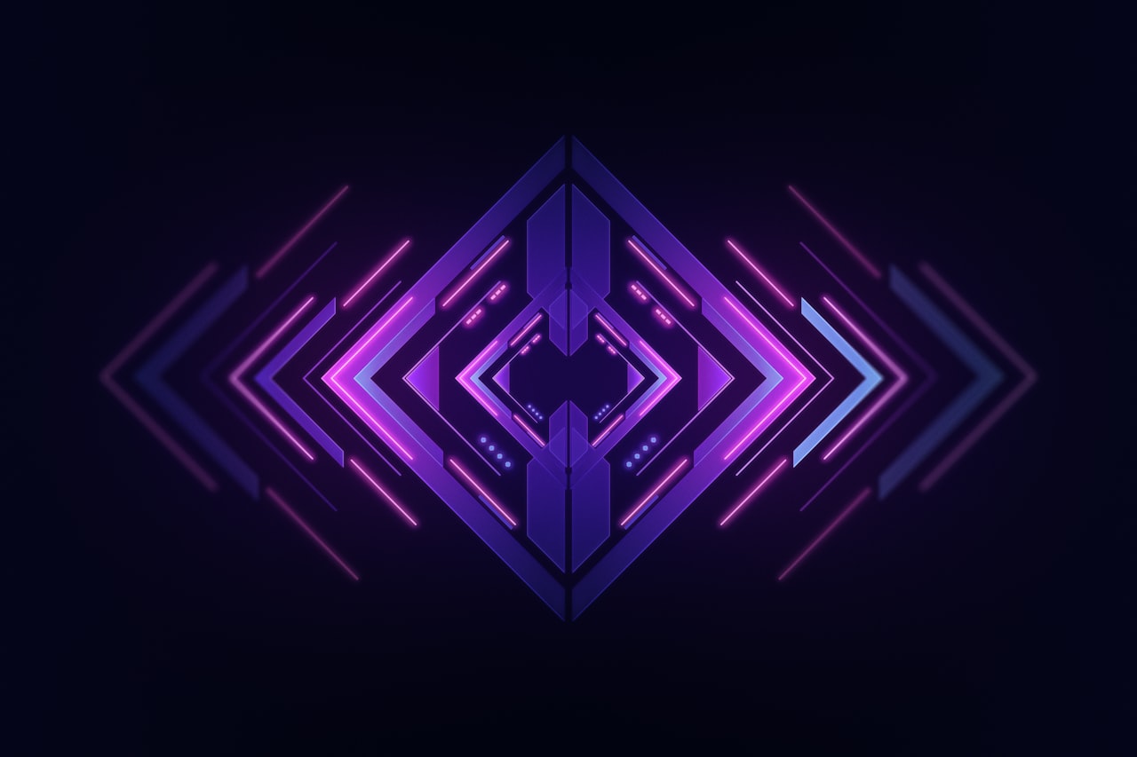 Dark geometric abstract illustration of layered automation workflows in purple and pink