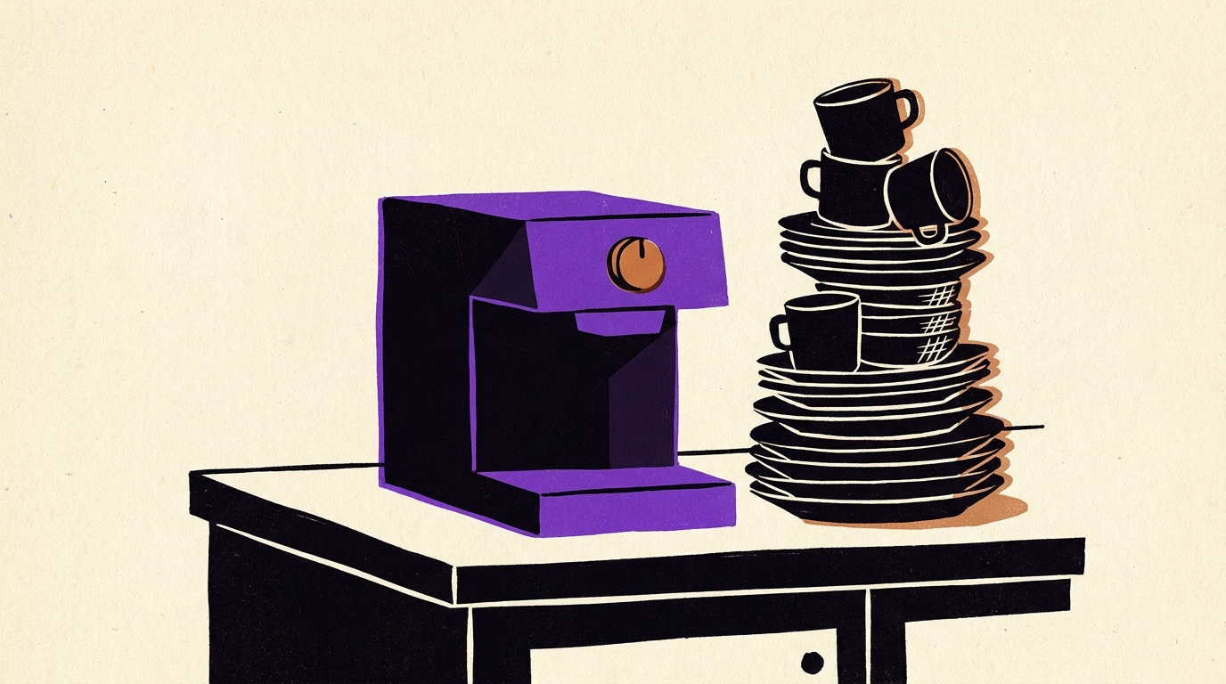 Illustration of a new coffee machine on a counter beside a tall stack of dirty plates and cups