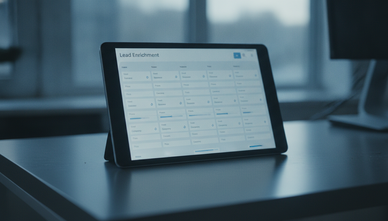 Sales ops workspace with a laptop showing enriched lead data records