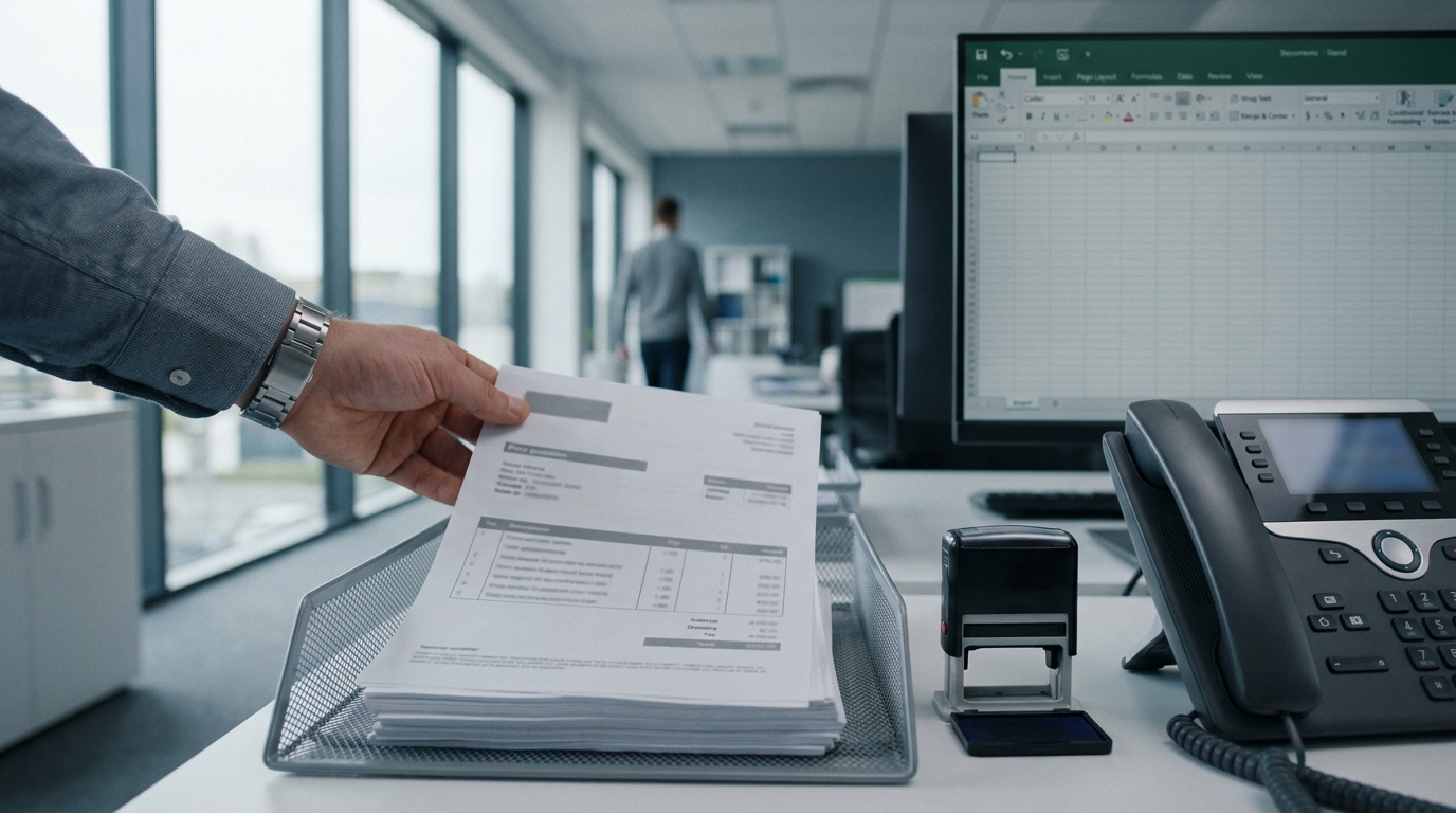 A hand lifting a printed sales quote from a tray beside an approval stamp and office phone
