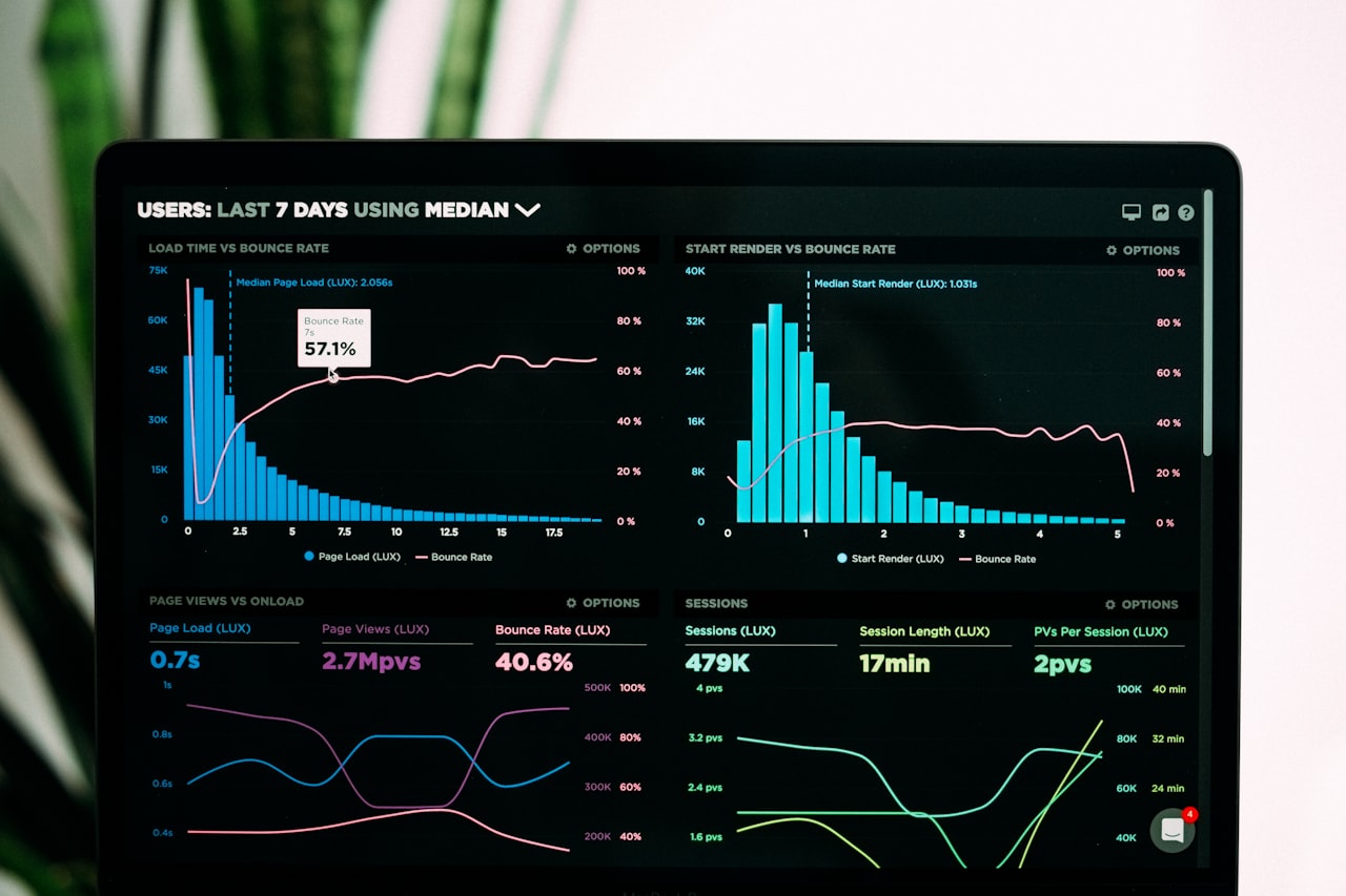 Abstract data visualization dashboard showing analytics charts and search performance metrics