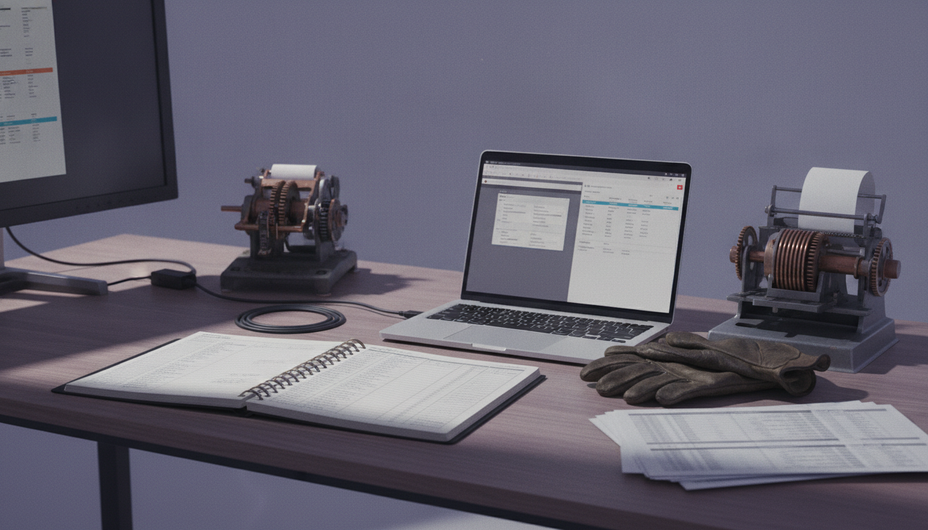 A desk with a laptop, paper ledgers, and old machines, illustrating manual data entry between apps