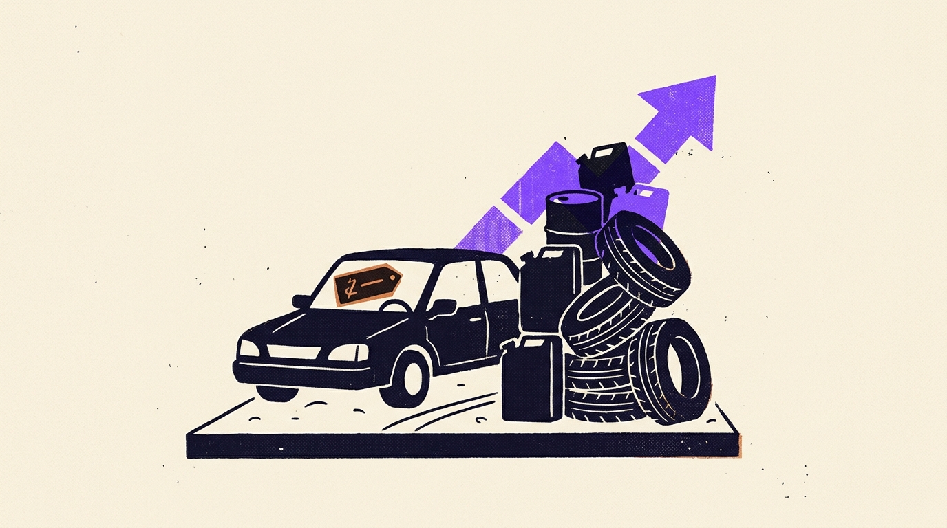 A car with a price tag beside a taller pile of fuel cans and tyres, the running cost of workflow automation platforms