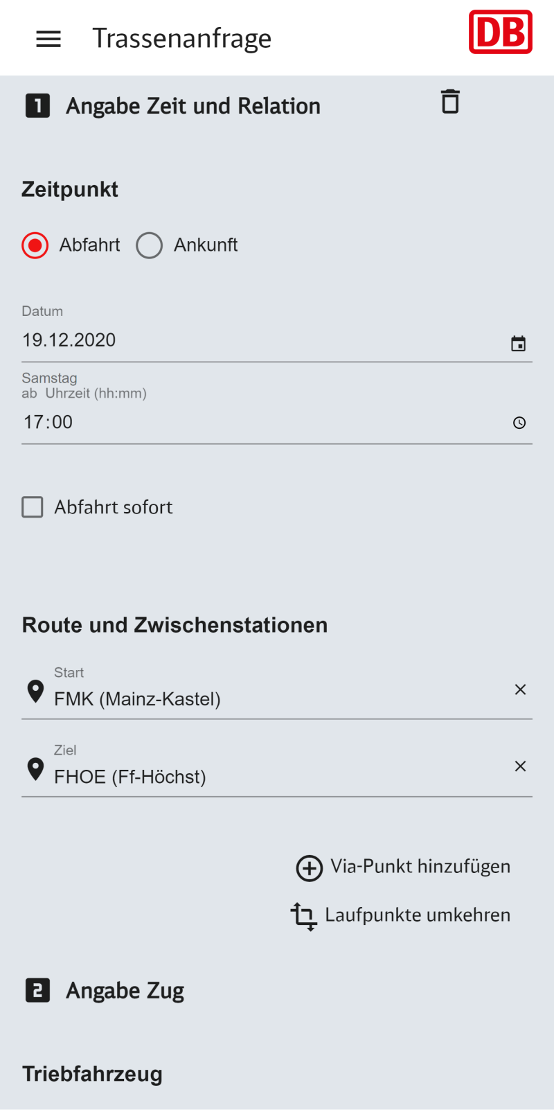 Trassenanfrage in der Click and Ride App