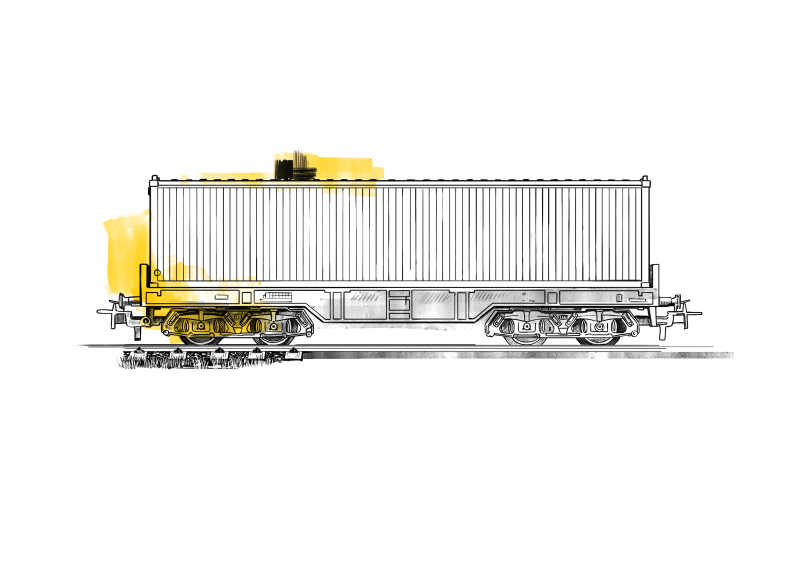 Das Bild zeigt die schwarz-weiße Illustration eines Zug-Containers. In diesen Containern werden zum Beispiel verschiedene Güter per Zug transportiert. 