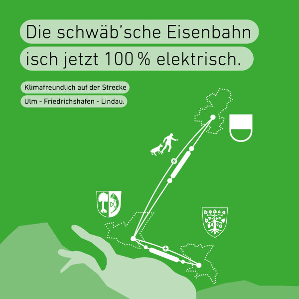 Die Schwäbische Eisenbahn ist jetzt 100% elektrisch. Eine Grafik zeigt die Verbindung von Ulm über Friedrichshafen nach Lindau
