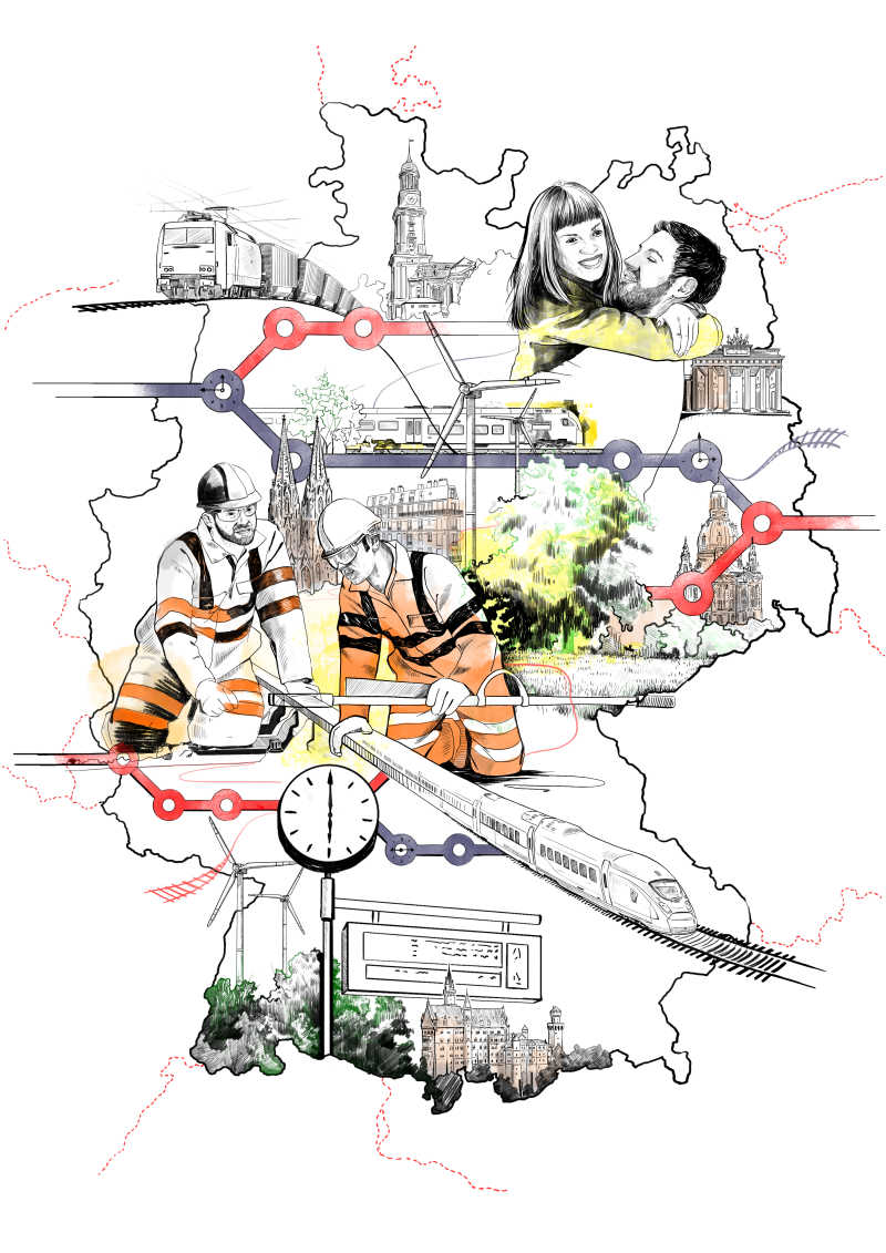Die Illustration zeigt den Deutschlandtakt als Karte des Bundesgebietes. Es sind Sehenswürdigkeiten wie das Brandenburger Tor in Berlin oder Gleisarbieter dargestellt.