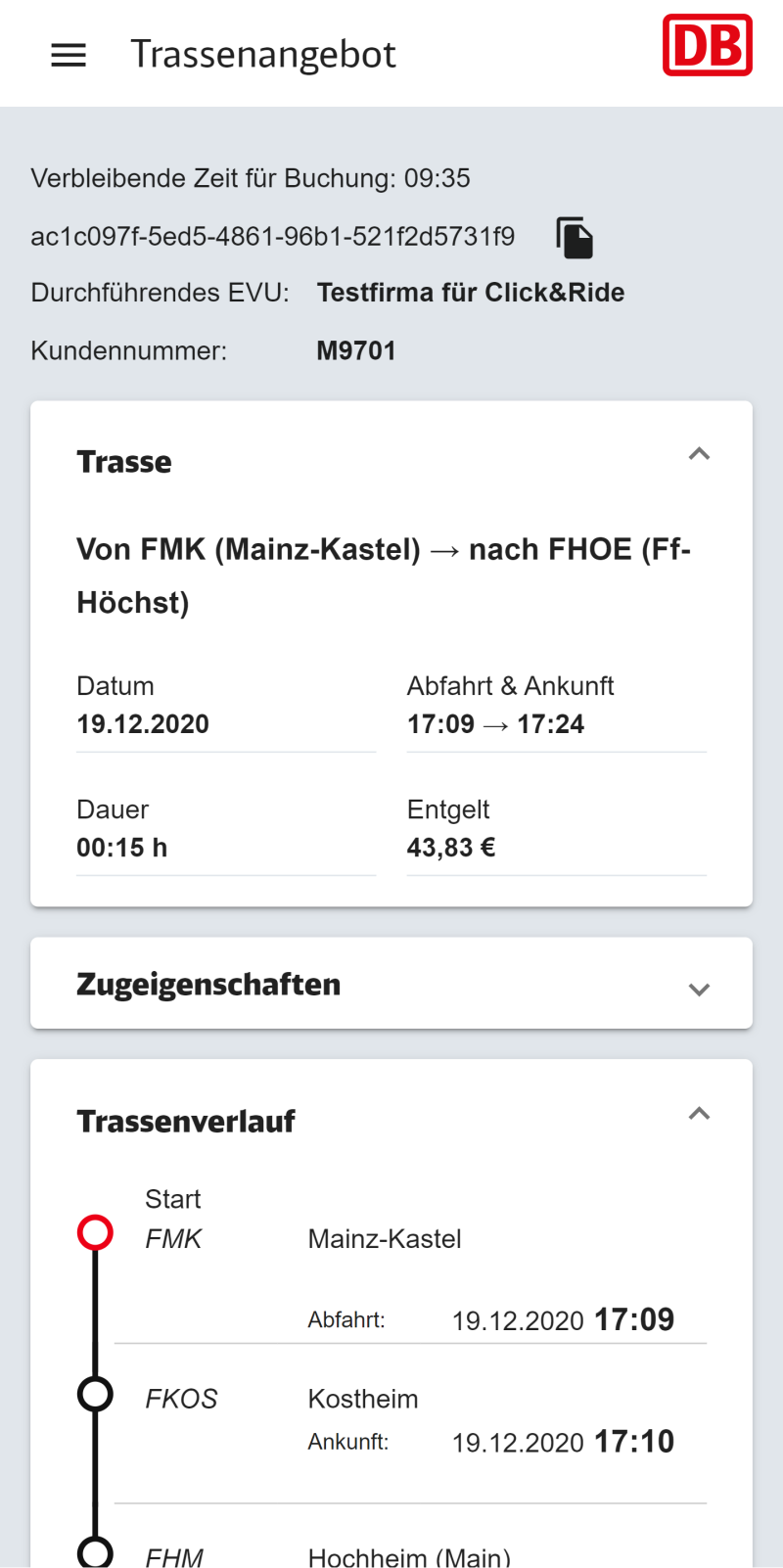 Trassenangebot in der Click and Ride App