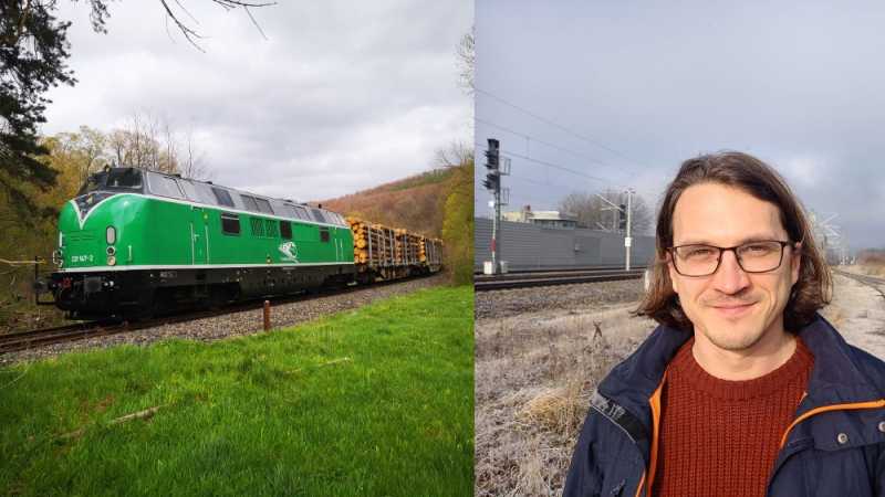 Eine Collage von zwei Bildern. Auf der linken Seite zu sehen: Ein Güterzug mit gefällten Bäumen. Auf der rechten Seite sieht man Jan Habraneck. Er ist Geschäftsführer von Flex Bahndienstleistungen.