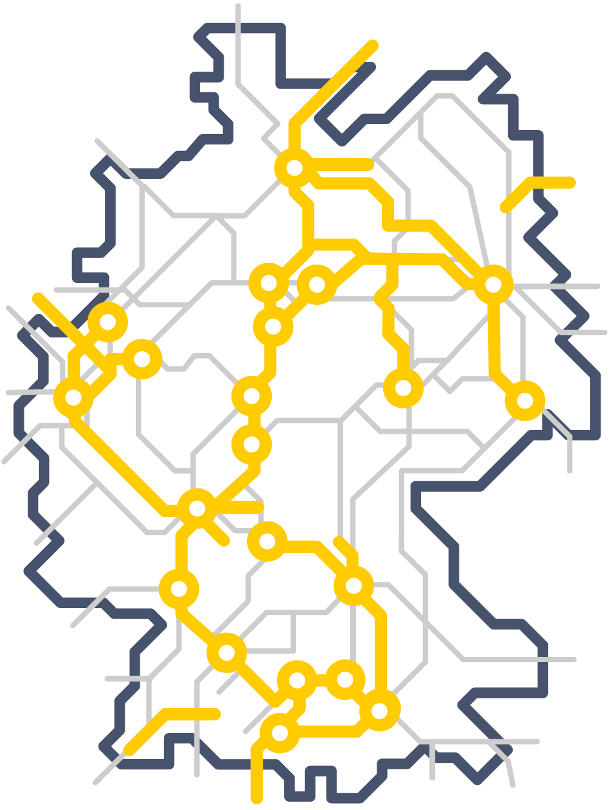 Auf einer Deutschlandtakte sind verschiedene Linien stark gelb markiert, graue zarte Linien ergänzen die Grafik