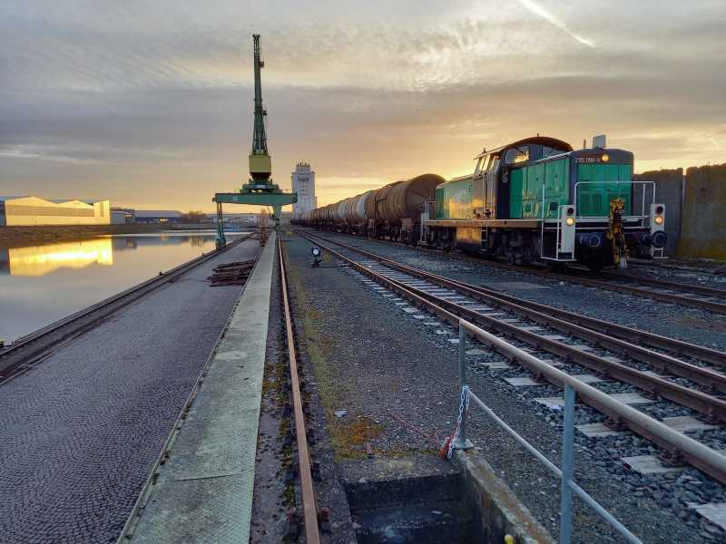 Ein Güterzug von Flex Bahndienstleistungen bei Sonnenuntergang.