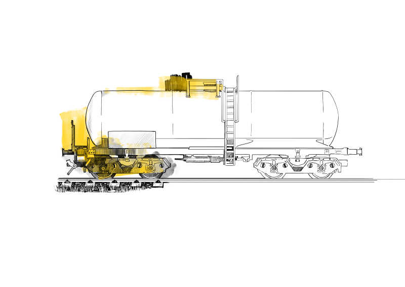 Das Bild zeigt eine Illustration eines Kesselwagens. Kesselwagen werden für den Güterverkehr eingesetzt und transportieren zum Beispiel Flüssigkeiten. 