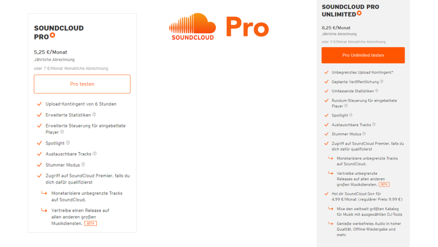 SoundCloud Pro Preise Überblick