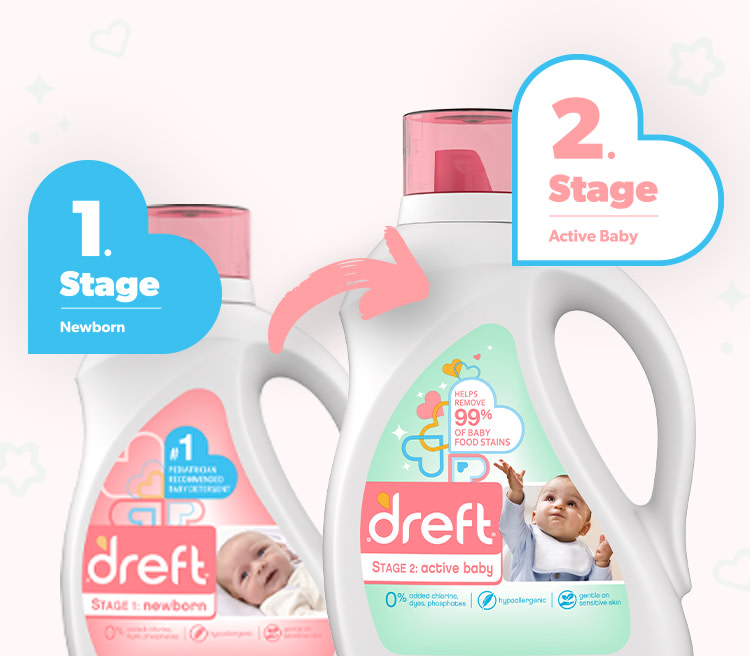 Dreft laundry detergets for different stages. Dreft stage 1: newborn and Dreft stage 2: active baby 
