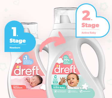 Dreft laundry detergets for different stages. Dreft stage 1: newborn and Dreft stage 2: active baby 