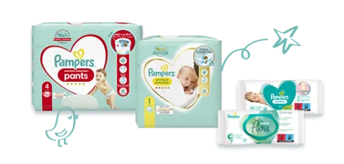 Pampers-tuotevalikoima: vaippoja, housuja ja puhdistuspyyhkeitä.