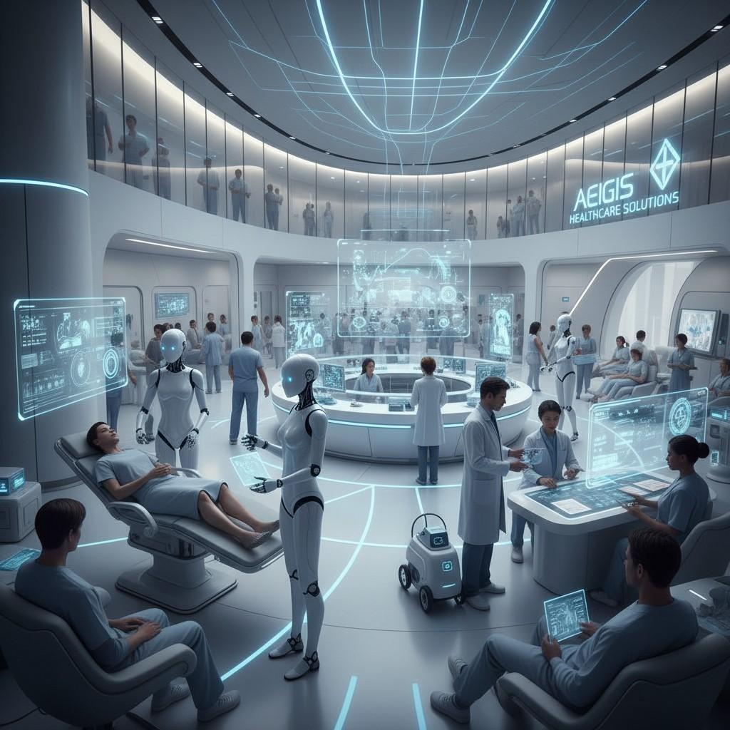 Futuristic clinic with AI robots assisting doctors.