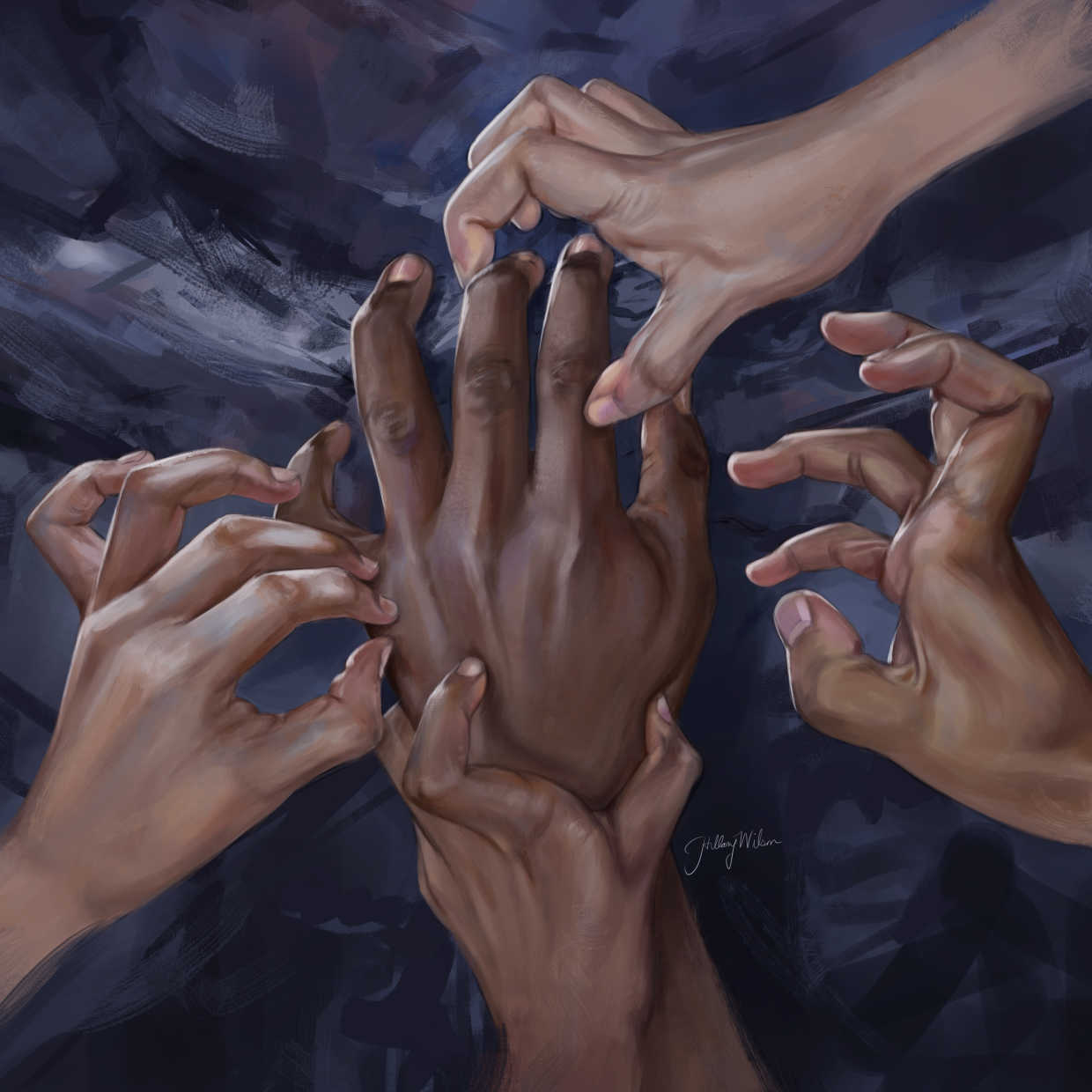 A Black man’s hand reaches up and struggles to break free as hands four other hands grabs and claws at it. 