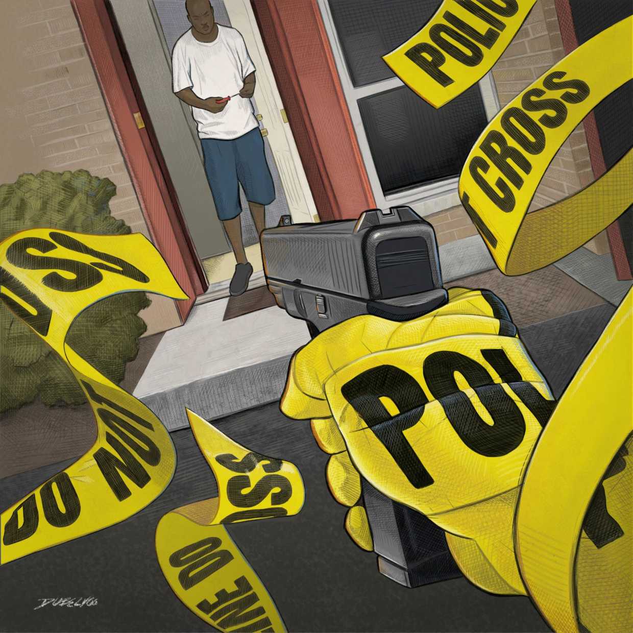 A Black man stands at a doorway casually holding a screwdriver. A hand holding a gun points at him. Yellow police tape wraps the hand holding the gun, with loose yellow tape flowing in the air.