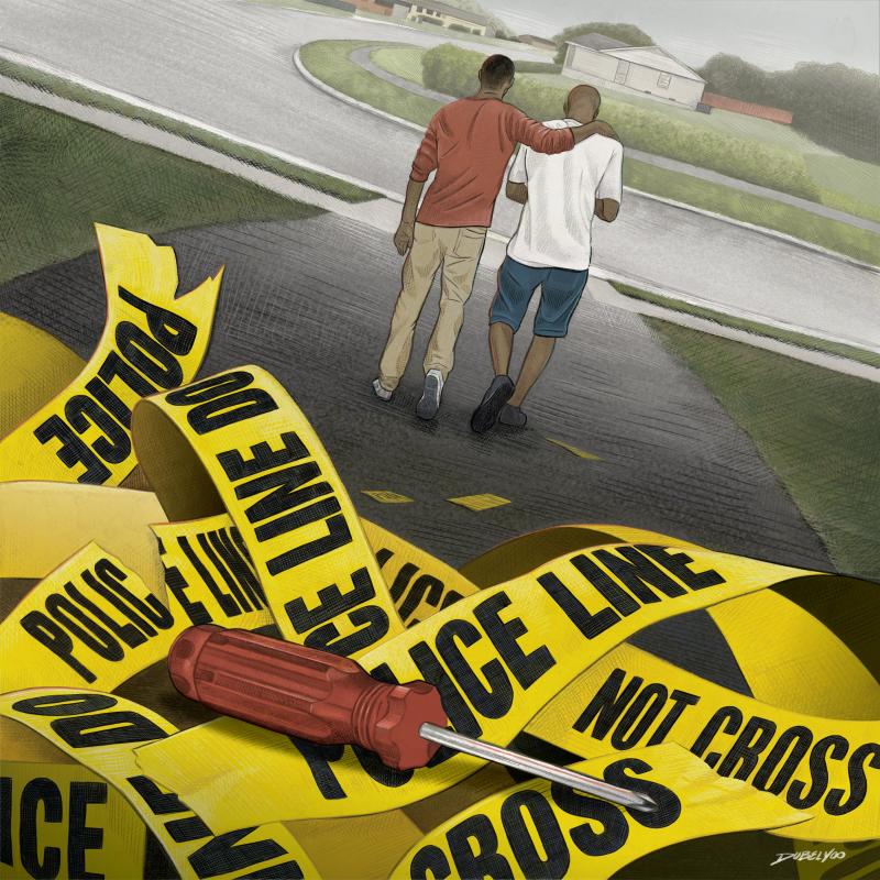Two Black men walking down a driveway, one has an arm wrapped around the shoulder of another in comfort. The yellow police tape is shredded and lying on the ground, with the screwdriver sitting atop. 