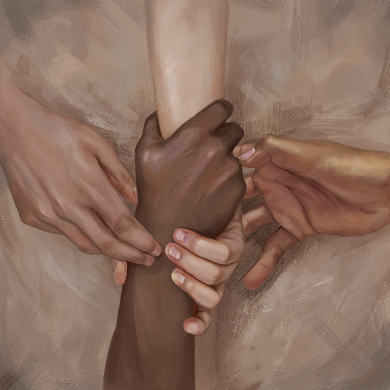 A Black man’s hand is being pulled up by another hand, with two other hands surrounding it and reaching out in support.