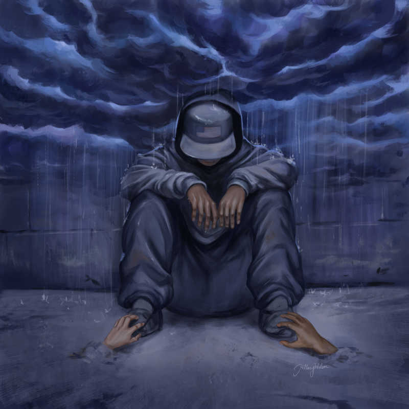 A Black man sits on the ground, his legs bent toward his body, his arms propped on his knees, his head hands down. Ominous dark clouds swirl on top of his head, and a pair of hands reaches through the ground and grabs hold of his feet