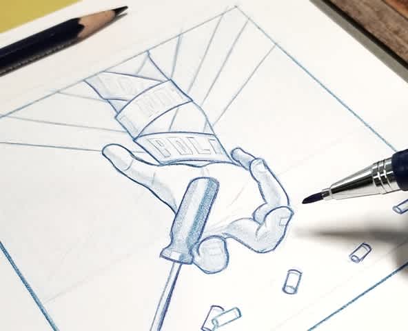 Artist Dubelyoo works on an early sketch showing a hand with a screwdriver.